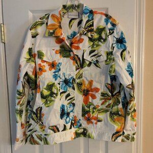 Women's White Tropical Hawaiian Floral Cotton Stretch Beach Cruise Jacket Sz12